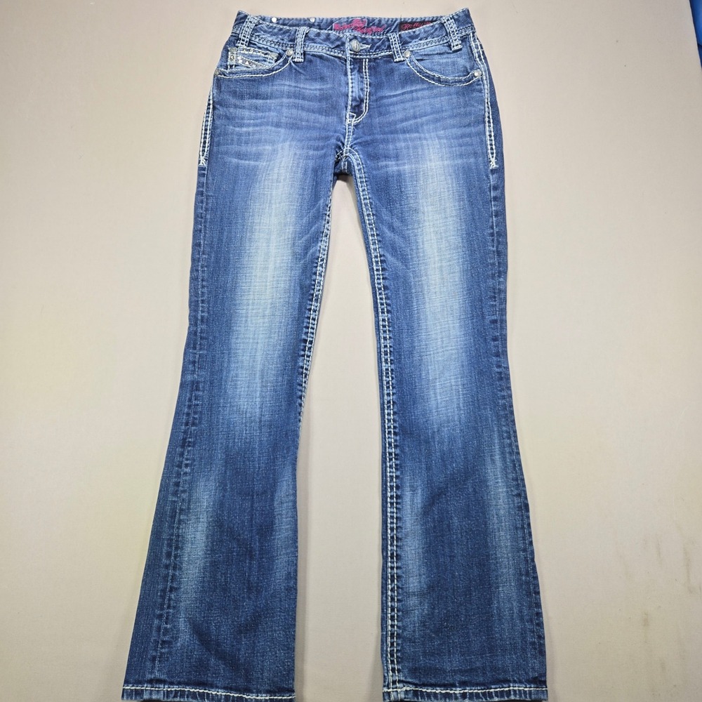 Rock and Roll Cowgirl Bootcut Jeans Bling Mid Rise Studded Blue Womens 31x34